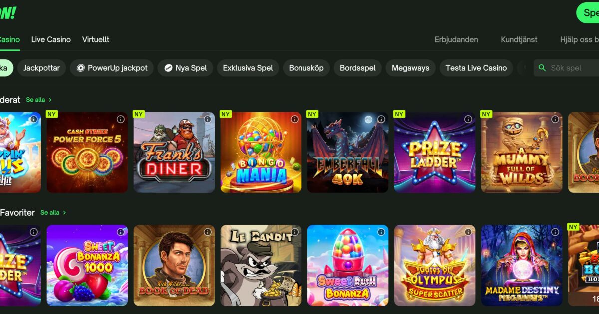 ComeOn Casino startsida med free spins-erbjudande