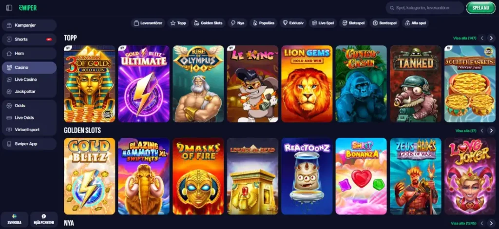 Swiper Casino startsida med no deposit-erbjudande