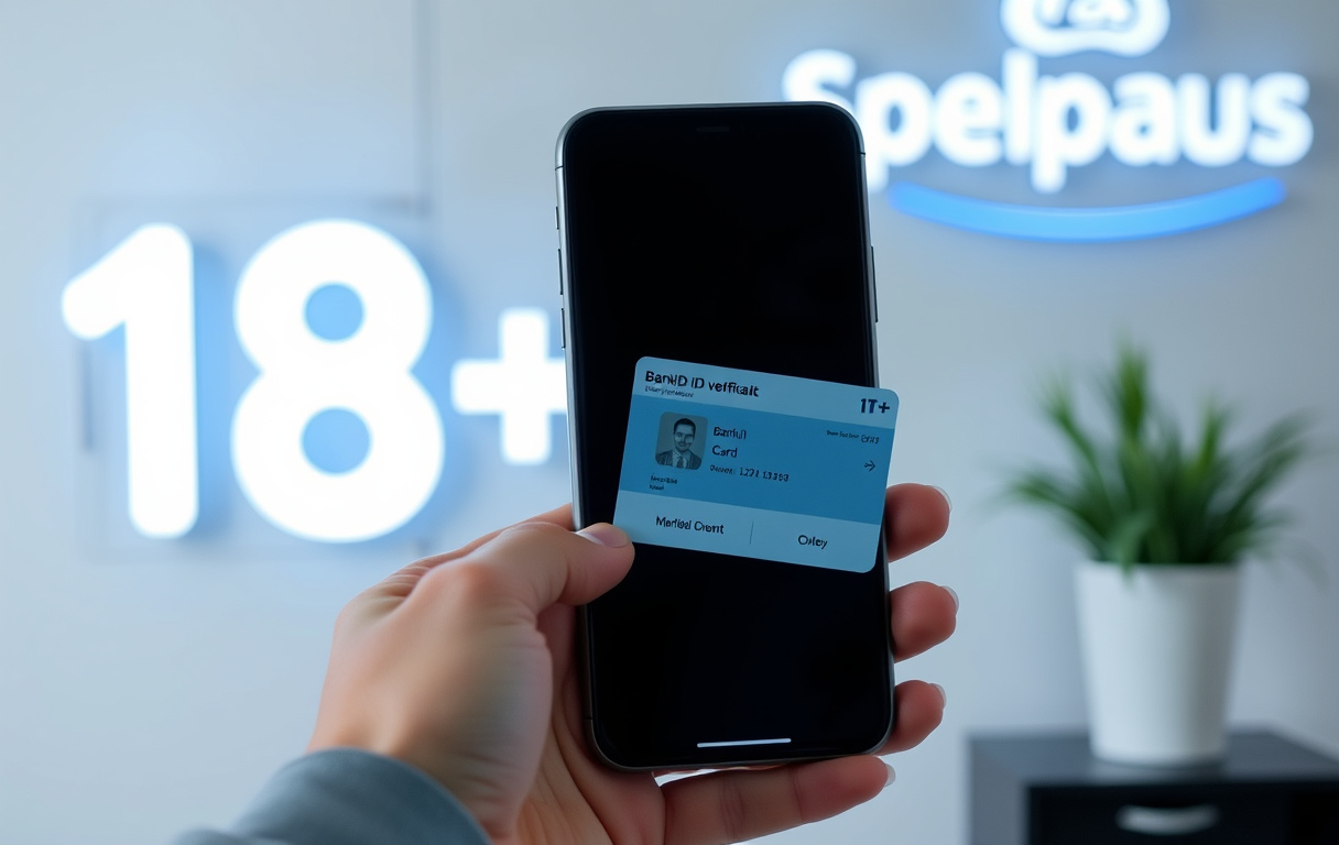 Person som verifierar ålder med BankID på mobil för onlinecasino, med 18+ symbol och Spelpaus-logga i bakgrunden.
