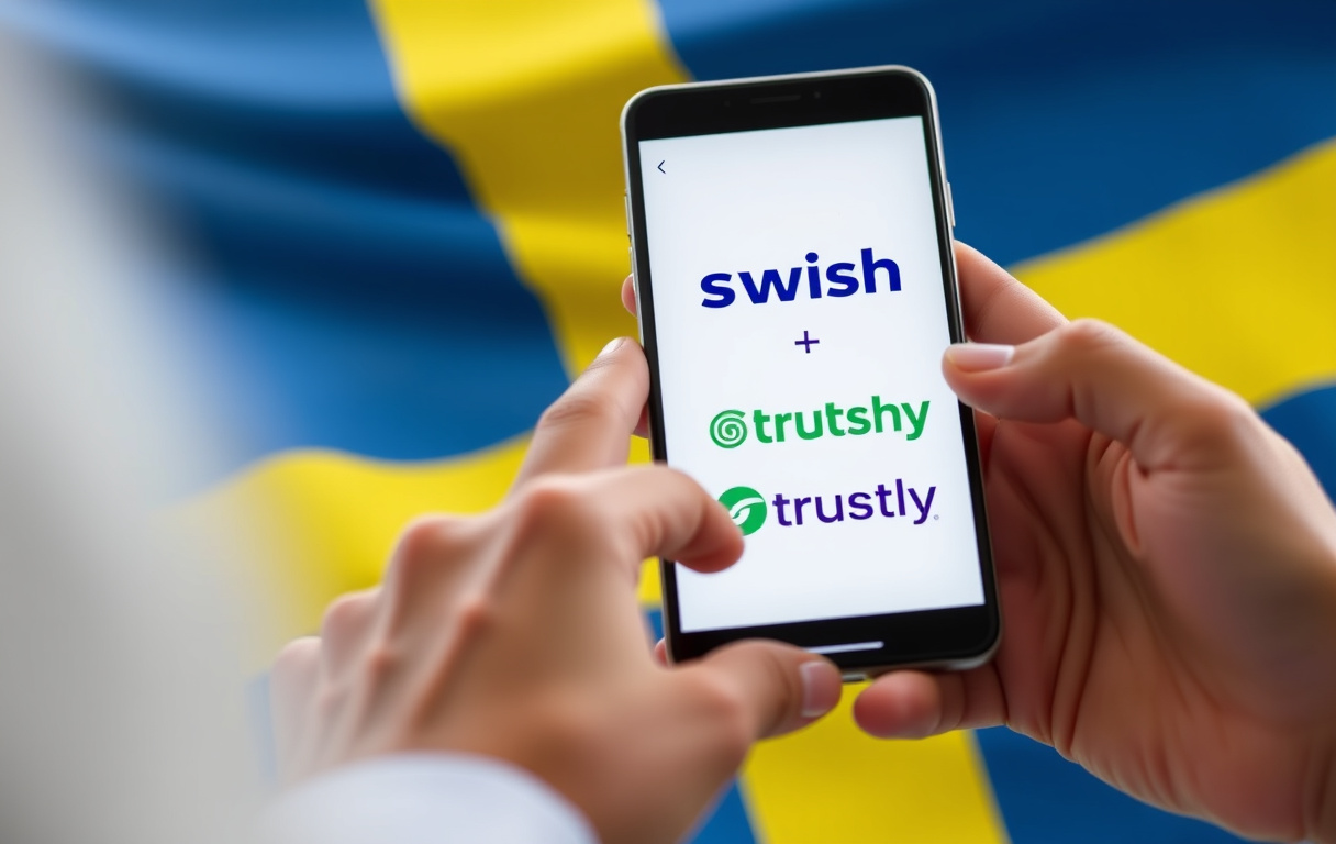 Person som använder mobil för insättning på casino med Swish och Trustly.