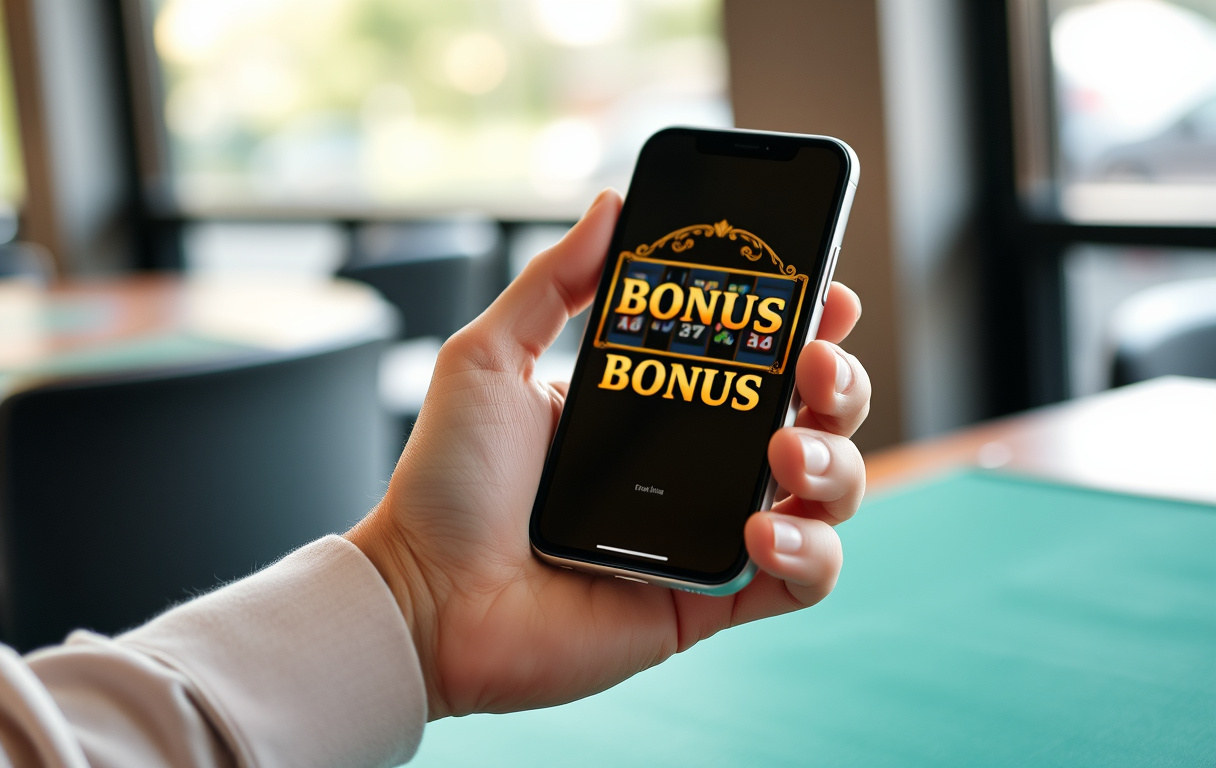Mobiltelefon med slotmaskin och bonus-text på skärmen, bredvid kaffekopp i casino-miljö