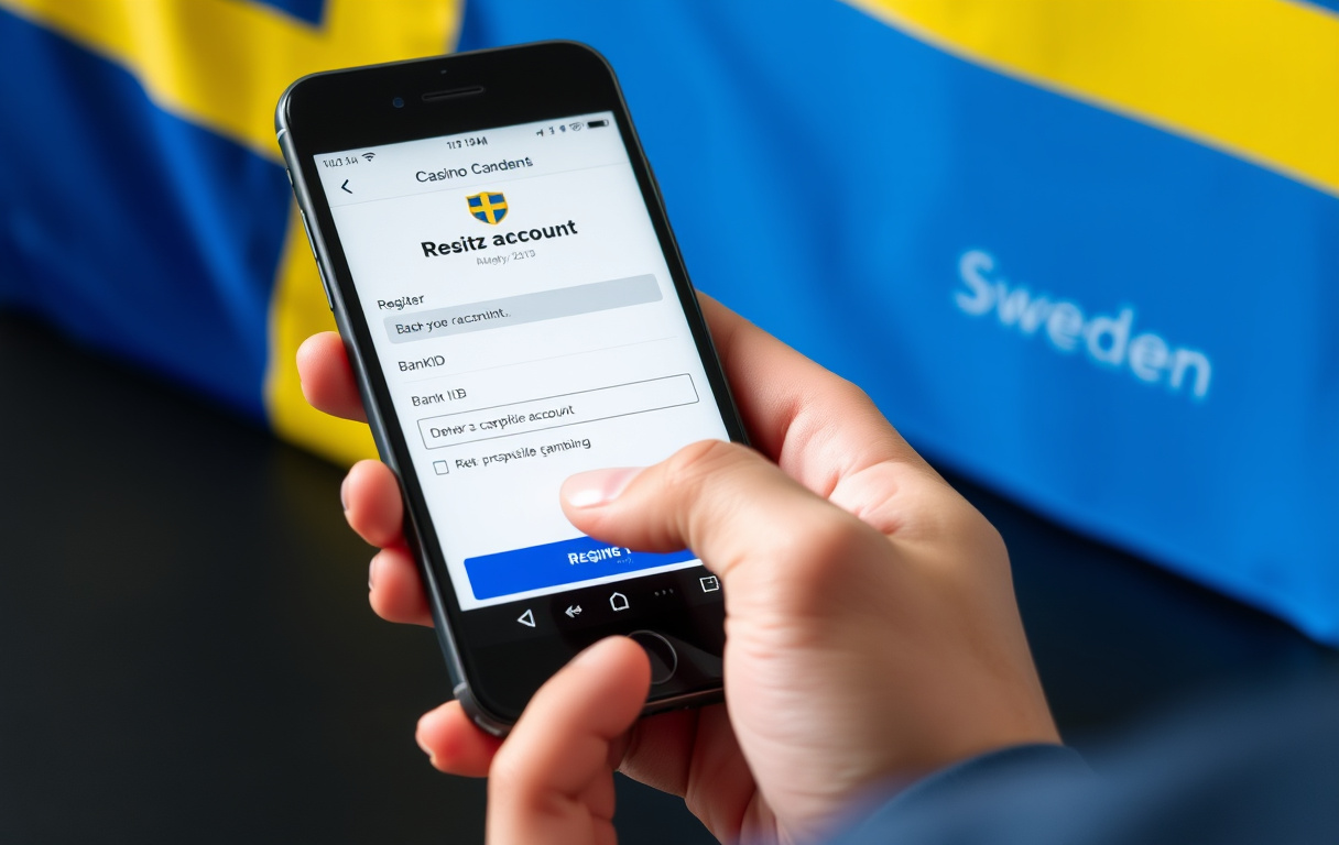 Person registrerar casino-konto med BankID på mobilen, svensk flagga i bakgrunden.