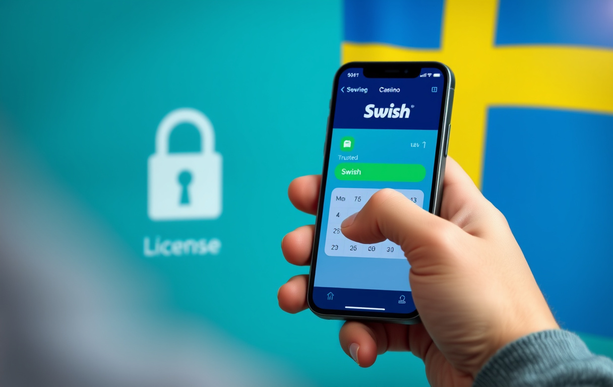 Person som använder Swish på en mobiltelefon vid ett casino med svensk licens – trygghet och säkerhet i fokus.