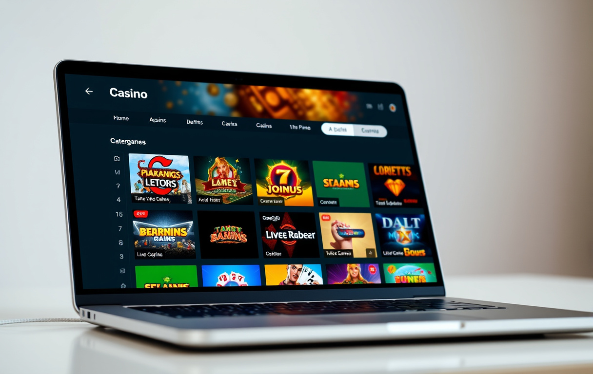Skärmdump av en modern casino lobby med kategorier som slots, bordsspel och live-dealer samt sökfält.