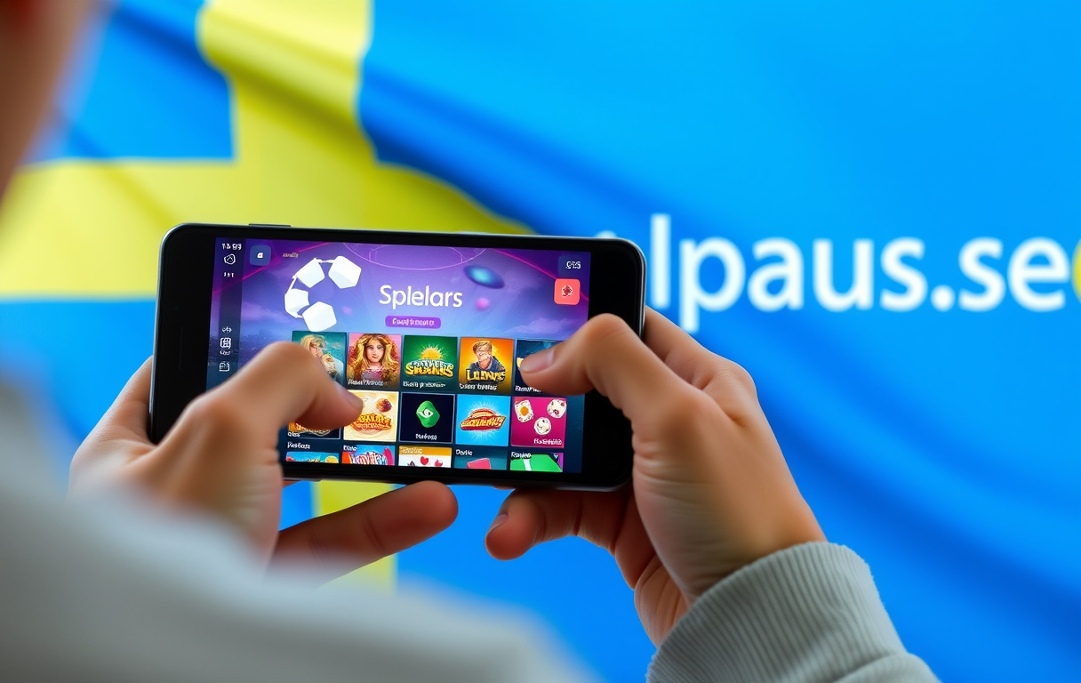 Person spelar online casino på mobil med svensk flagga och Spelpaus.