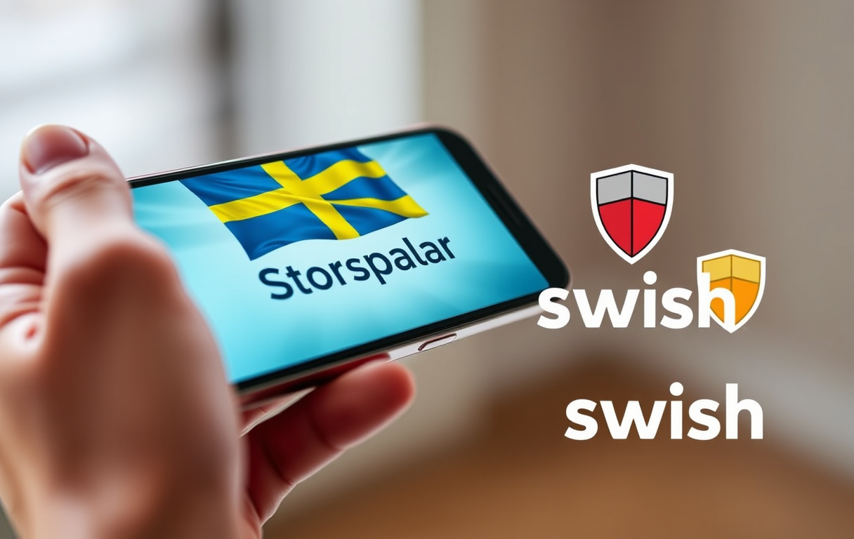 Smartphone med Storspelare-appen, Swish-logotyp och sköldsymbol som visar svensk licens