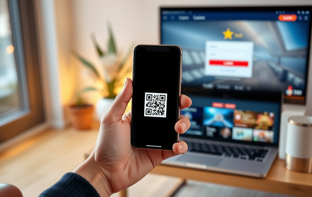 Person som loggar in på casino med Bank-ID via mobilen, med laptop i bakgrunden.