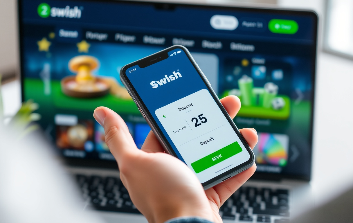 Person som gör en insättning på 25 kr via Swish på en mobiltelefon med en spelwebbplats i bakgrunden.