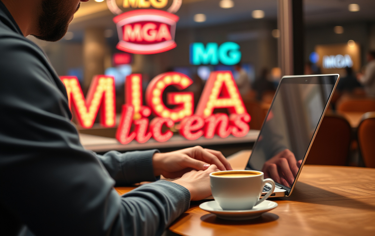 Person som spelar på ett MGA-licensierat casino via laptop, med kaffe bredvid.