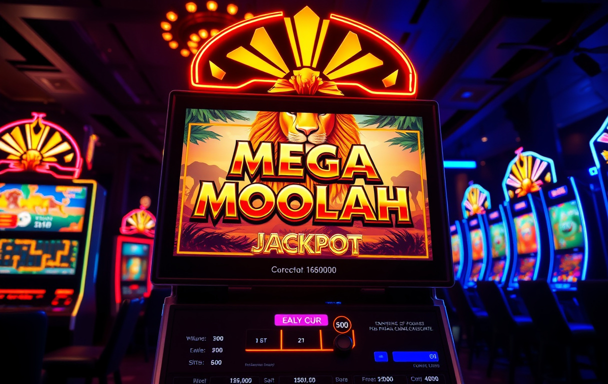Skärm från Microgamings Mega Moolah-slot med jackpottvärden och savannmotiv i kasinomiljö.