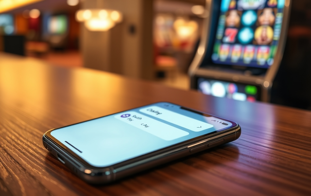 Mobiltelefon på ett träbord med Swish och Apple Pay som betalningsalternativ på en casinokassa, bakgrund med slottsljus.