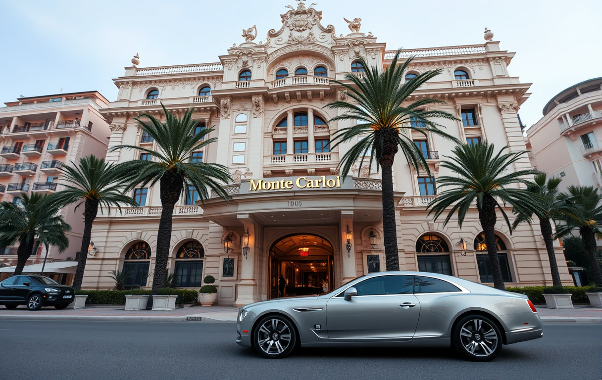 Monte Carlo Casino i Monaco med sin ikoniska Belle Époque-fasad och palmer framför.