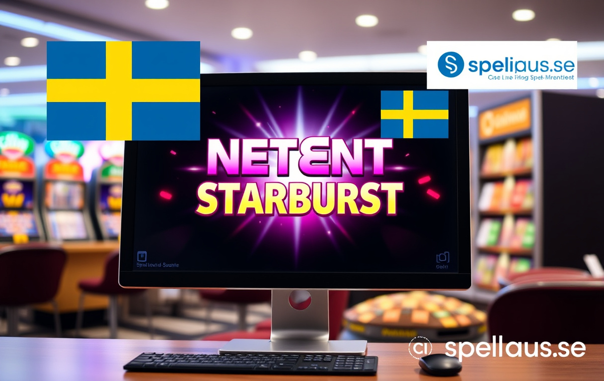 En datorskärm som visar NetEnt-sloten Starburst med en svensk flagga och Spelpaus-logga i hörnet.