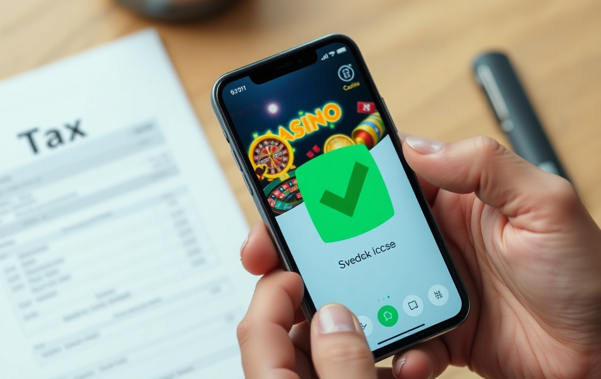 Person med smartphone som visar casinoapp med svensk licens och skattedokument i bakgrunden.