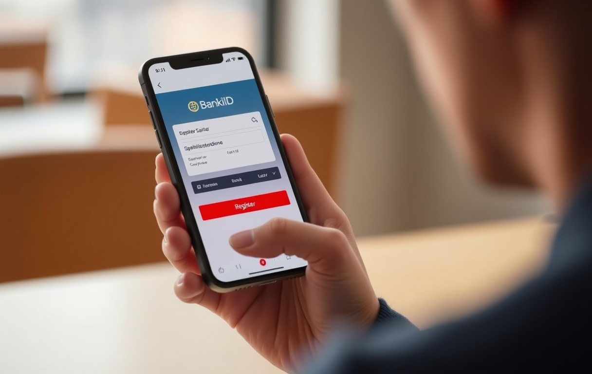 Person registrerar sig på casino med BankID och Spelinspektionens logga.