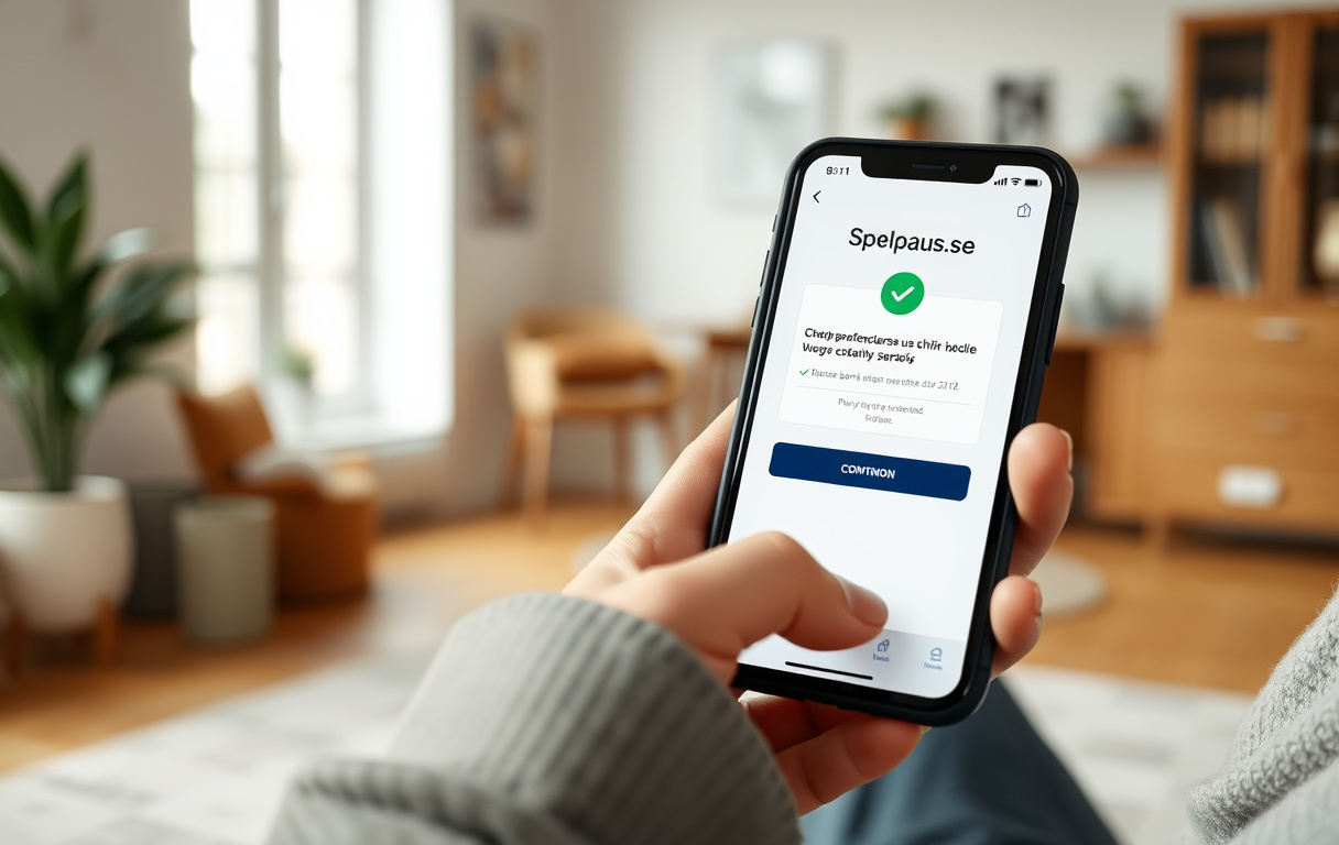 En person som använder en mobiltelefon med Spelpaus.se öppet, bekräftelse med grön bock, i en lugn hemmiljö.