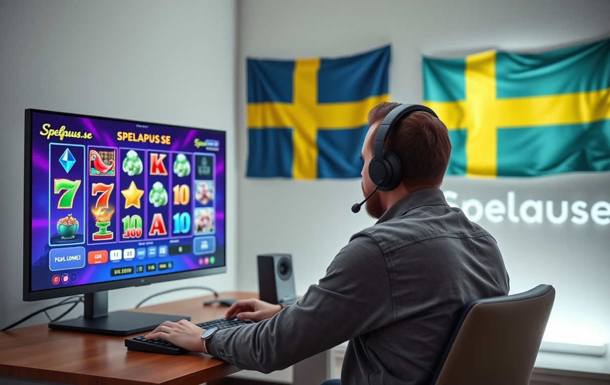 Svensk Twitch-streamer som spelar slots live vid en dator, med svensk flagga och Spelpaus-logga i bakgrunden.