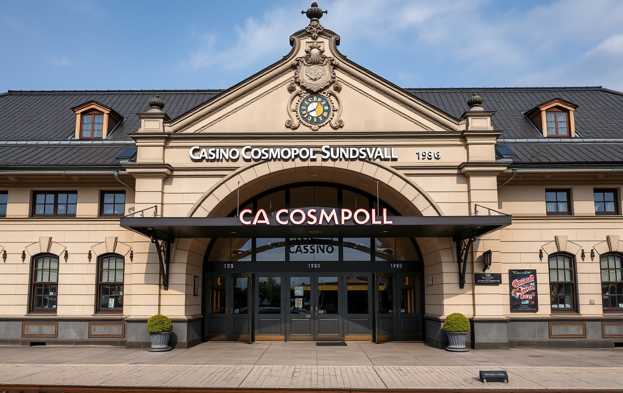 Exteriör av Casino Cosmopol i Sundsvall, ett tidigare tågstationshus från 1874 med casino-skyltar